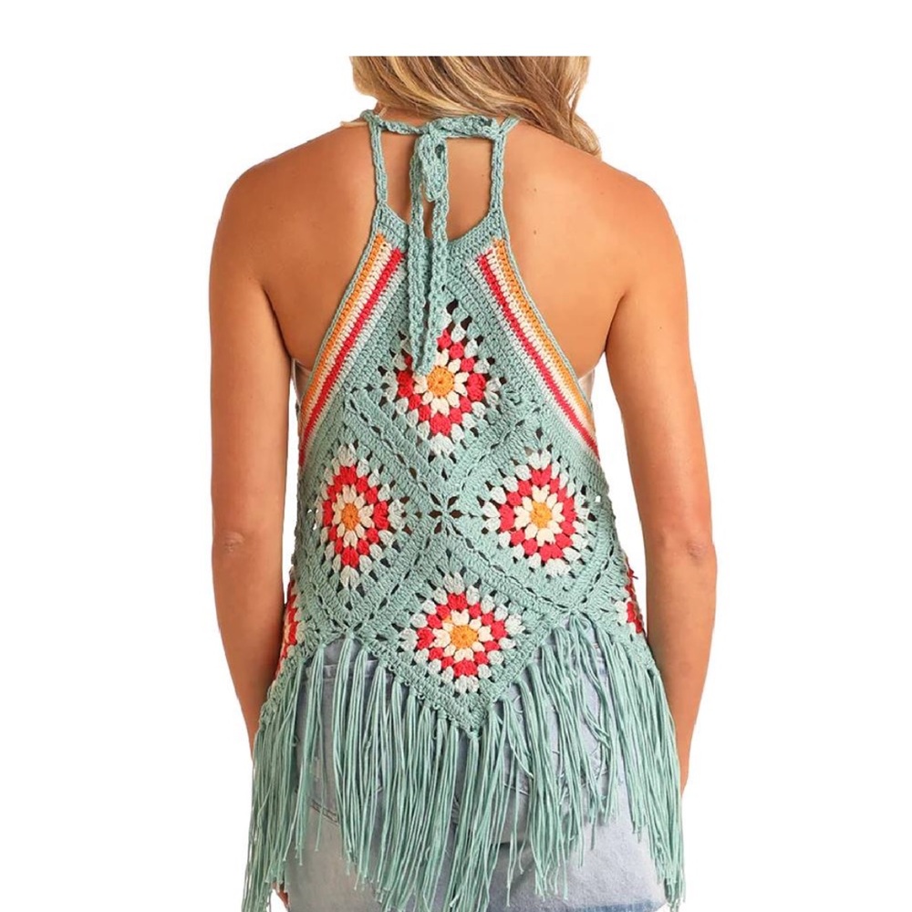 Rock & Roll Denim Women's Crochet Fringe Halter Top M 153 - Picture 2 of 6